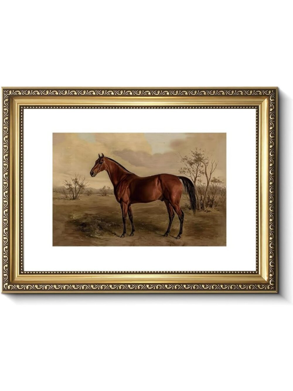Vintage Two-Tone Gold Framed Majestic Brown Horse Canvas Wall Art, Ready to